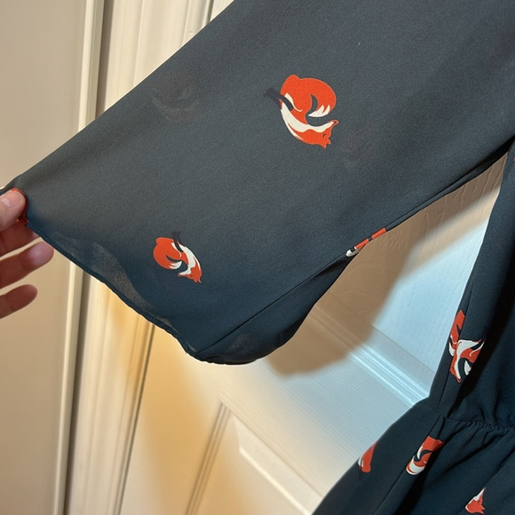 Everly novelty Black Wrap midi Dress with Red fox Pattern size small - Picture 6 of 10